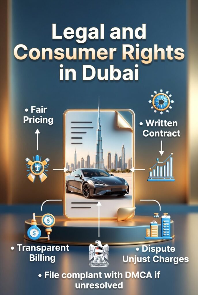 "Legal and Consumer Rights in Dubai – Car Rentals User Guide" "Infographic-style user guide showing legal and consumer rights in Dubai car rentals, featuring central legal document, Dubai skyline, luxury car, and bullet points for each right."