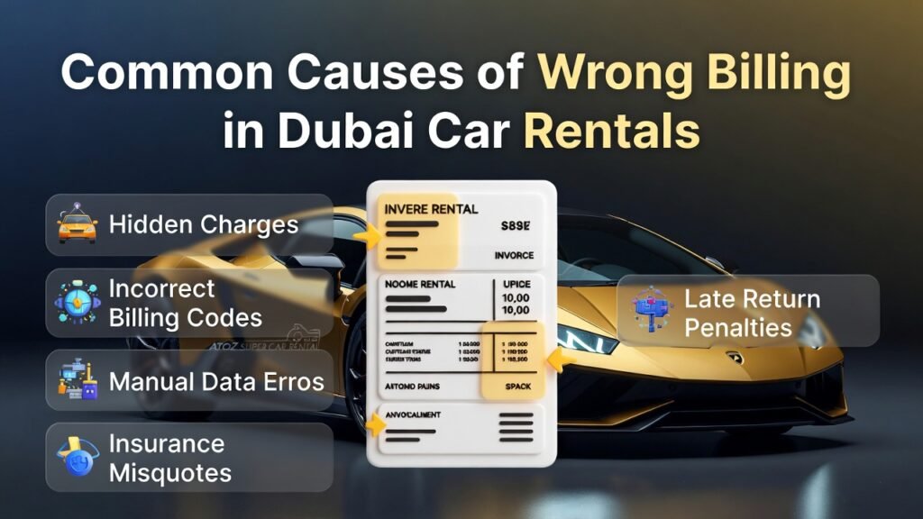 "Common Causes of Wrong Billing in Dubai Car Rentals – User Guide" "User guide infographic showing common causes of wrong billing in Dubai car rentals, featuring a central invoice, Dubai luxury car, and bullet points for Hidden Charges, Incorrect Billing Codes, Manual Data Errors, Insurance Misquotes, and Late Return Penalties."