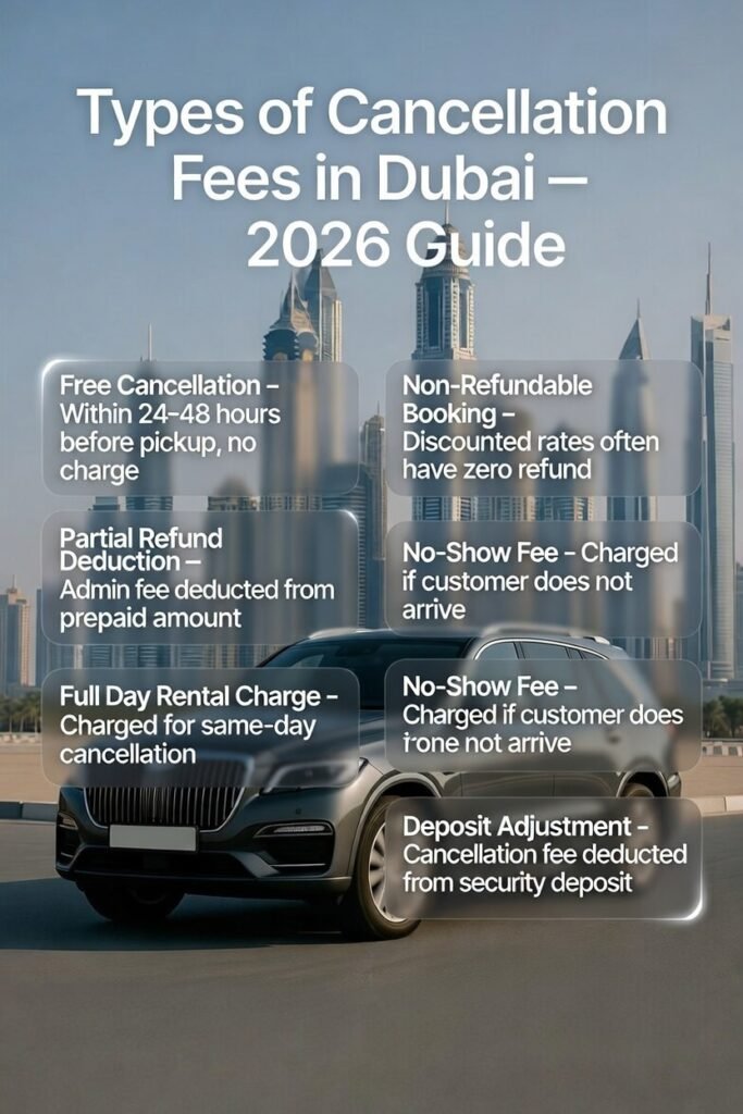 Feature image for “Types of Cancellation Fees in Dubai – 2026 Guide” showing a luxury SUV in the center with Dubai skyline in the background. Key points about free cancellation, partial refund deduction, full-day charges, non-refundable bookings, no-show fees, and deposit adjustments are displayed on both sides as animated highlights.