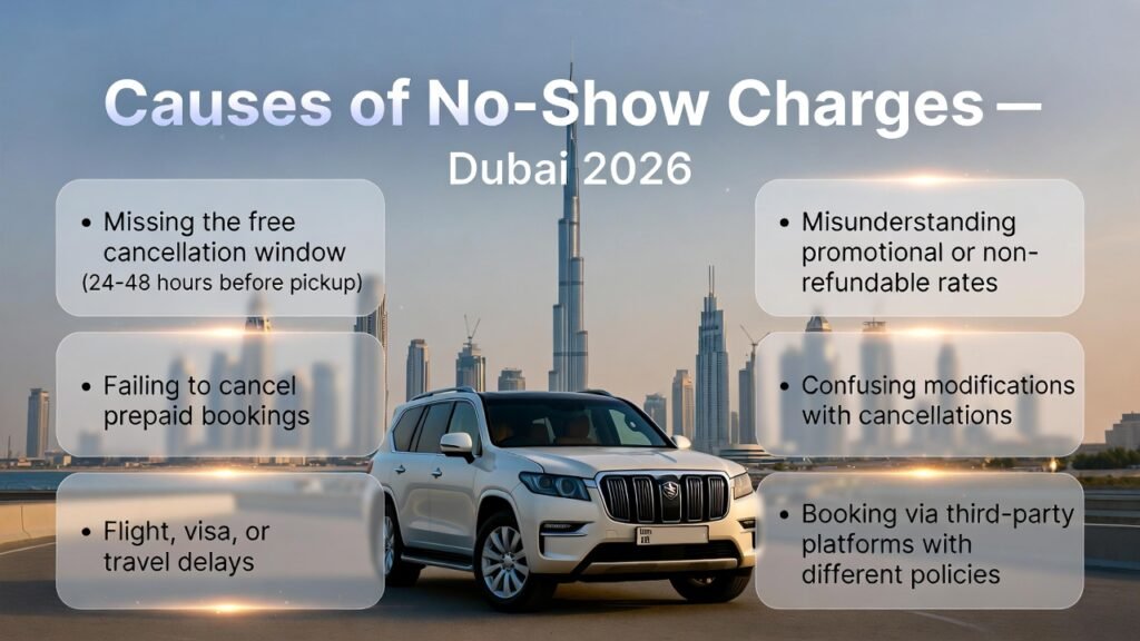 Feature image for “Causes of No-Show Charges – Dubai 2026” showing a luxury SUV in the center with Dubai skyline in the background. Key causes like missed cancellation window, prepaid booking failure, misunderstanding promotional rates, travel delays, modification confusion, third-party booking issues, and system errors are displayed on both sides as animated highlights.