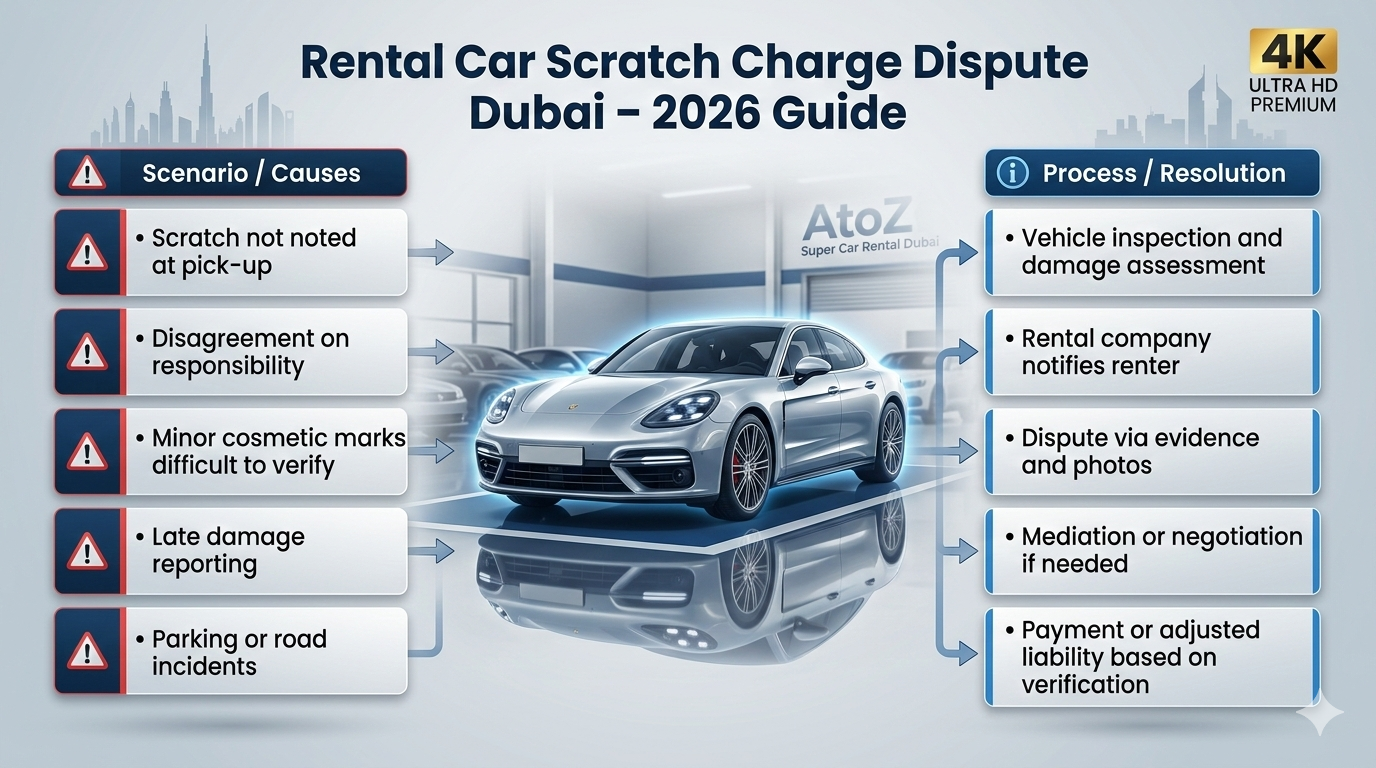 Luxury rental car in Dubai rental lot with infographic panels showing causes of scratch charge disputes on left and resolution process on right, including inspection, evidence verification, dispute mediation, and final liability.