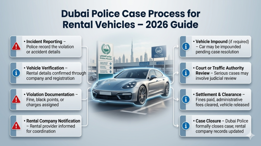 Luxury rental car in Dubai impound yard with side infographic panels showing step-by-step Dubai Police case procedure for rental vehicles, including incident reporting, verification, documentation, impound, court review, clearance, and case closure.