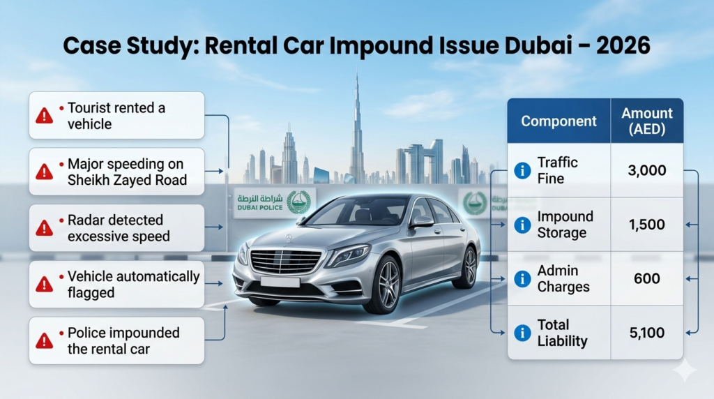 Case Study: Rental Car Impound Issue Dubai – 2026 Luxury rental car in Dubai impound yard with side infographic panels showing a case study of a tourist speeding on Sheikh Zayed Road, the impound incident, and financial breakdown including fines, storage, and administrative charges.