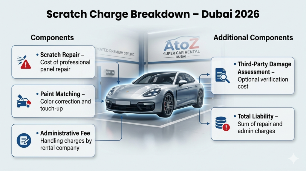 Luxury rental car in Dubai rental lot with infographic panels showing scratch charge breakdown including scratch repair, paint matching, administrative fees, third-party damage assessment, and total liability.