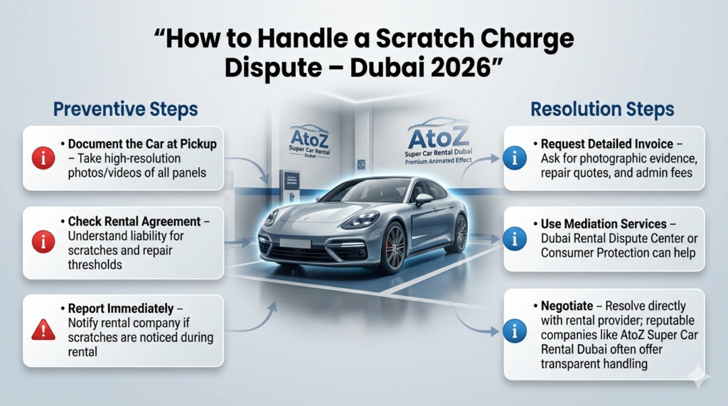 Luxury rental car in Dubai rental lot with infographic panels showing step-by-step process to handle a scratch charge dispute, including documentation at pickup, checking rental agreement, reporting damage, requesting invoices, using mediation, and negotiation with rental company.