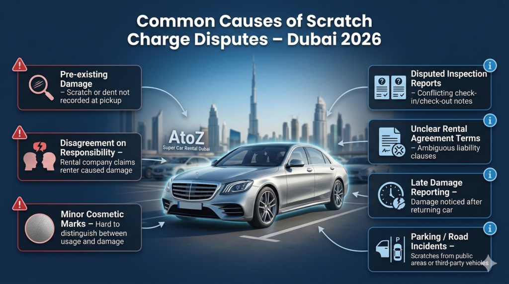 Luxury rental car in Dubai rental lot with infographic panels showing the common causes of scratch charge disputes including pre-existing damage, disputed inspection reports, minor cosmetic marks, unclear rental agreements, late damage reporting, and parking or road incidents.
