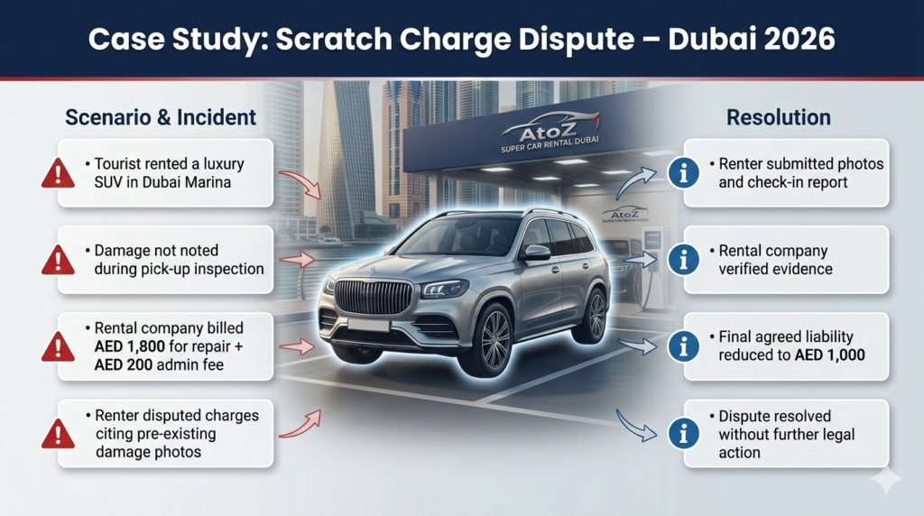 Luxury SUV in Dubai Marina rental lot with infographic panels showing a case study of a scratch charge dispute, including scenario, incident, renter dispute, and final resolution with reduced liability.