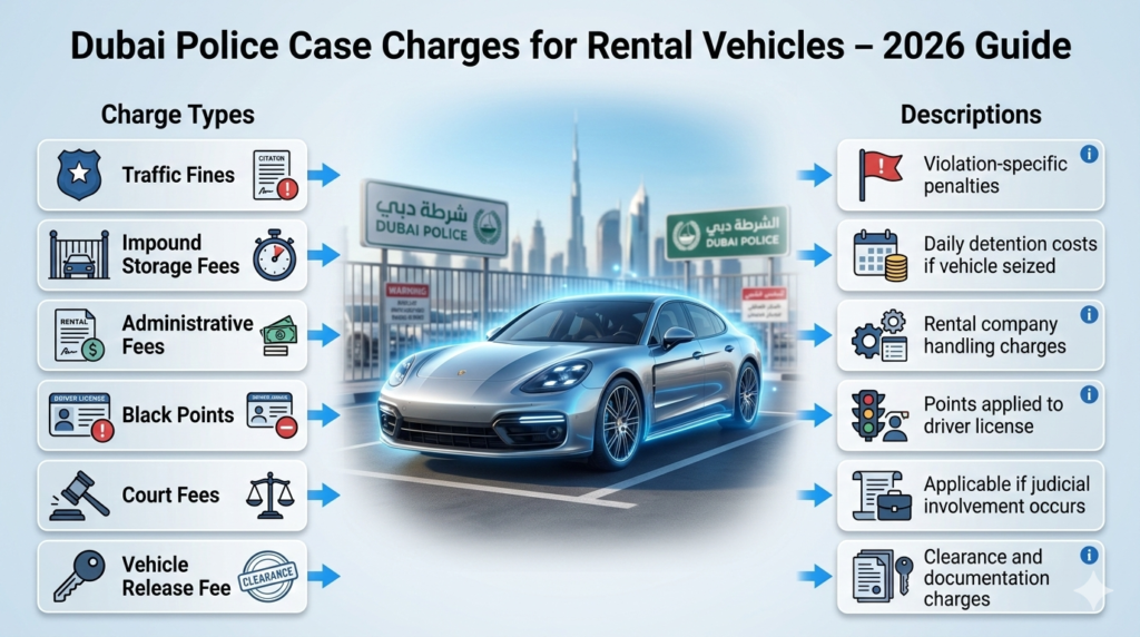 Luxury rental car in Dubai police impound yard with side infographic panels showing charge types and descriptions for rental vehicles involved in police cases, including fines, storage, administrative fees, black points, court fees, and release charges.