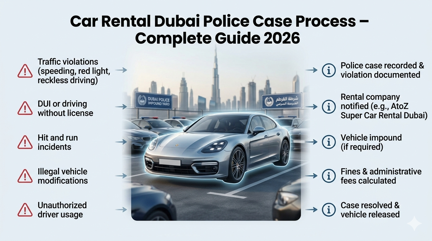 Luxury rental car in Dubai impound yard with infographic-style panels showing causes, police case procedure, and resolution steps including rental company involvement and fines.