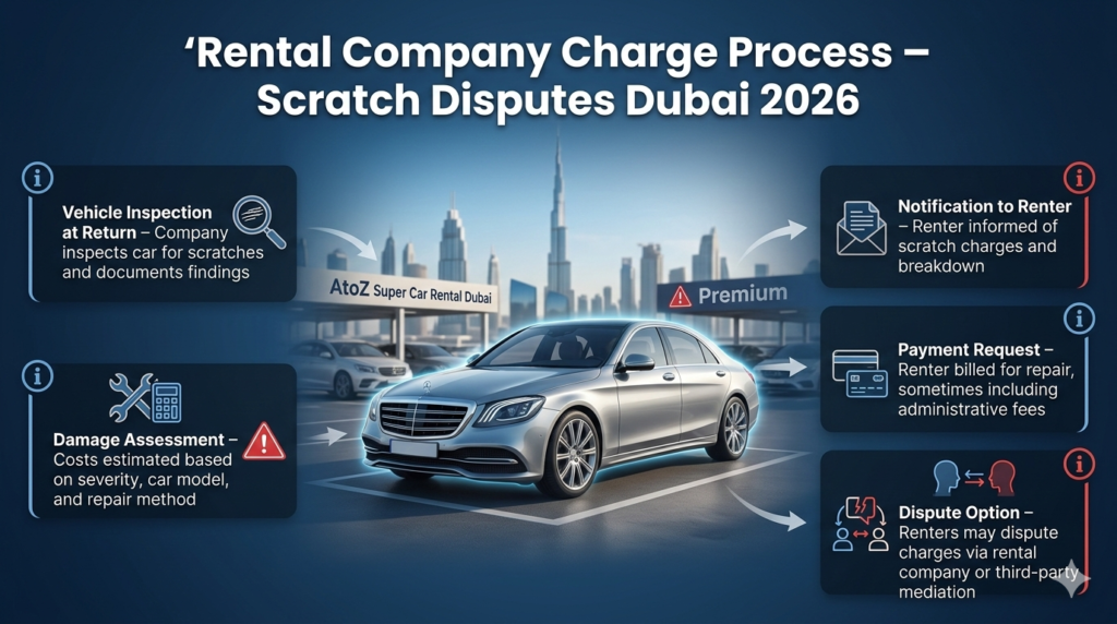 Luxury rental car in Dubai rental lot with infographic panels showing the rental company charge process for scratch disputes, including vehicle inspection, damage assessment, renter notification, payment request, and dispute options.