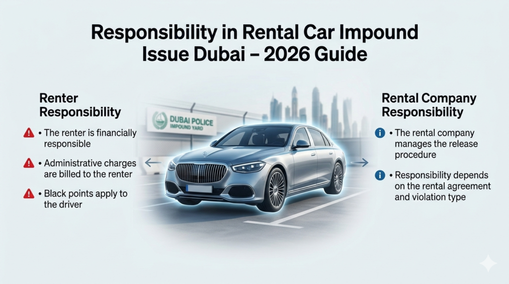 Responsibility in Rental Car Impound Issue Dubai – 2026 Guide Luxury rental car in Dubai impound yard with side infographic panels showing renter and rental company responsibilities during impound cases.