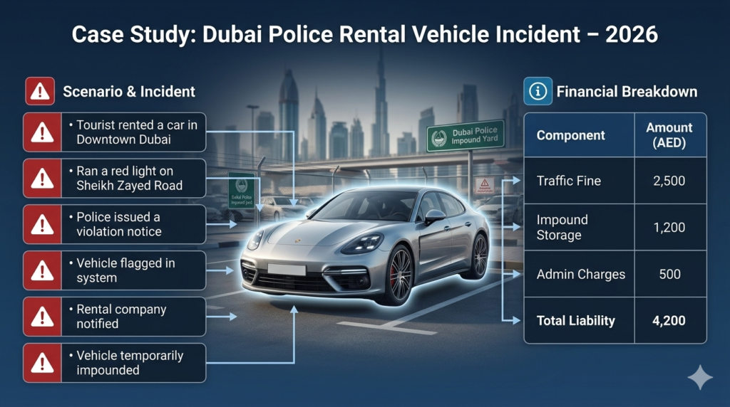 Luxury rental car in Dubai impound yard with infographic-style panels showing a case study of a tourist running a red light, police actions, temporary impound, and financial breakdown including fines, storage, and administrative charges.