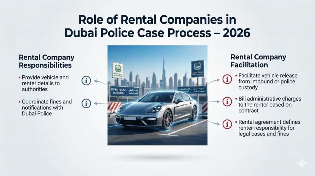 Luxury rental car in Dubai impound yard with infographic-style panels showing rental company responsibilities, including coordination with Dubai Police, vehicle release facilitation, administrative charges, and contractual obligations.