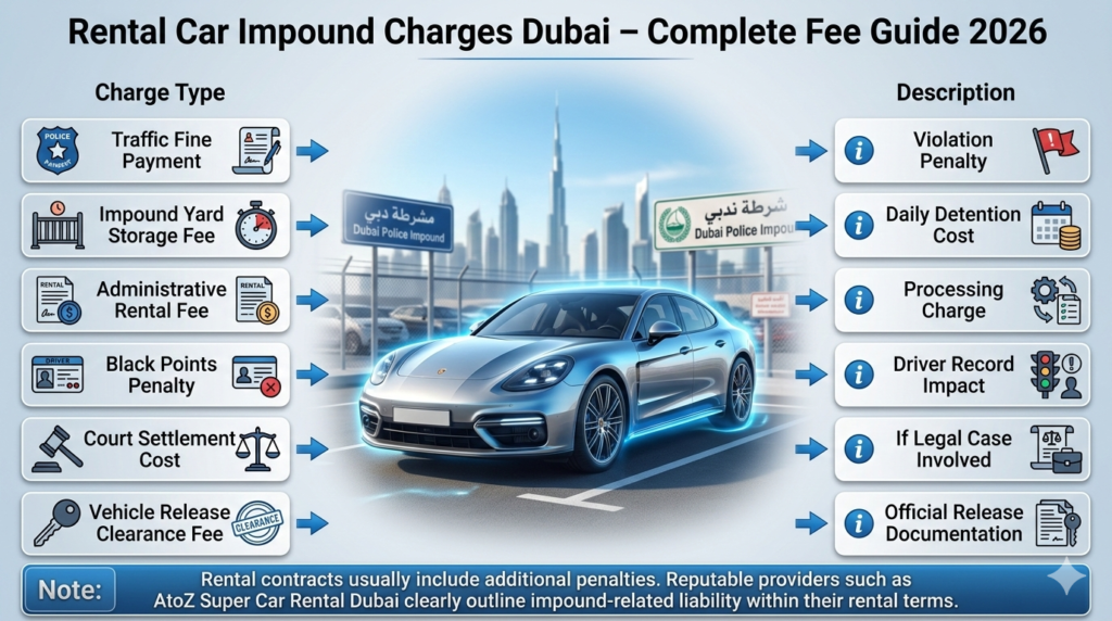 Rental Car Impound Charges Dubai – Complete Fee Guide 2026 Luxury rental car in Dubai impound yard with side infographic panels showing charge types and descriptions for rental car impound fees, including traffic fines, storage fees, administrative and court costs.