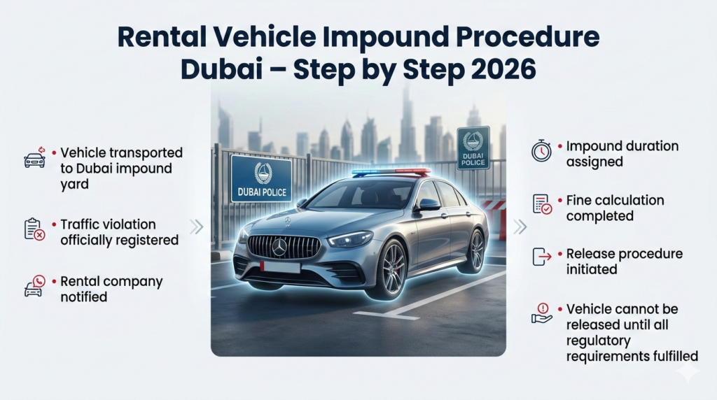 Rental Vehicle Impound Procedure Dubai – Step by Step 2026 Luxury rental car in Dubai impound yard with side infographic panels showing step-by-step impound procedure including transport, violation registration, notification, fine calculation, and release process.