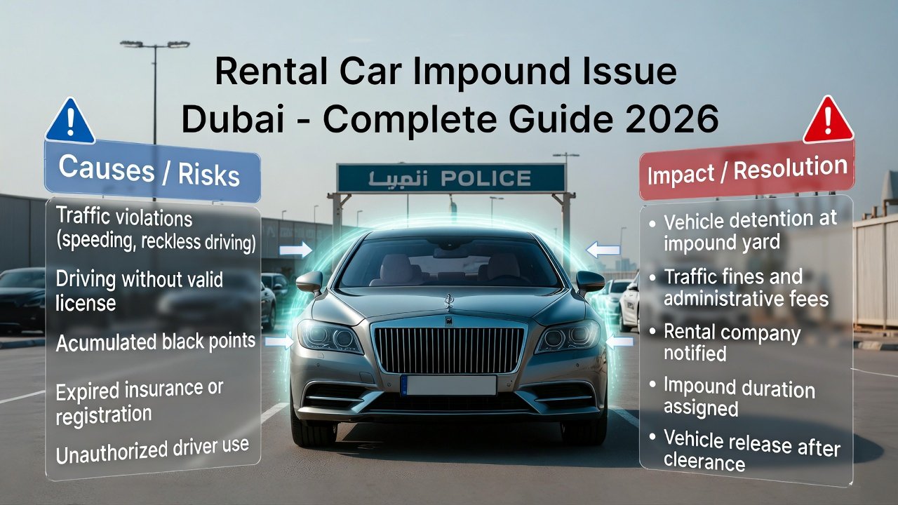 Luxury rental car in Dubai impound yard with infographic-style side panels showing causes, risks, and resolution steps of rental car impound.