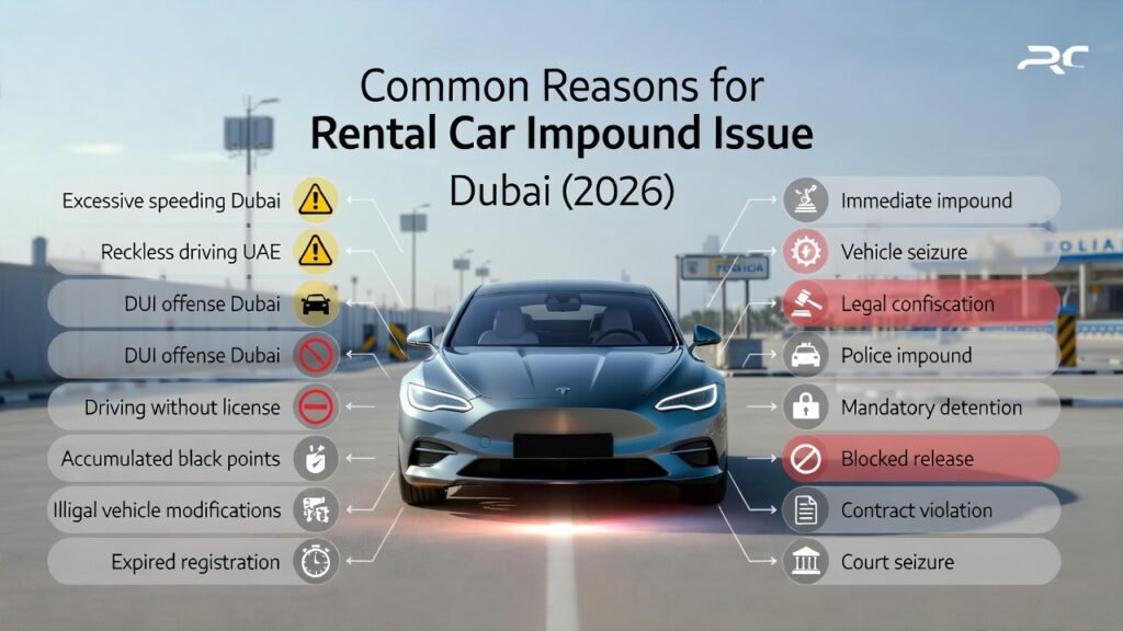 Common Reasons for Rental Car Impound Issue Dubai (2026) Luxury rental car in Dubai impound yard with infographic-style side panels showing common reasons and consequences of rental car impound in 2026.